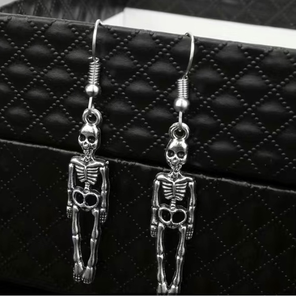 Skeleton Halloween Earrings - Long Tibetan Charms on Nickel free Silver Tone - Picture 3 of 6
